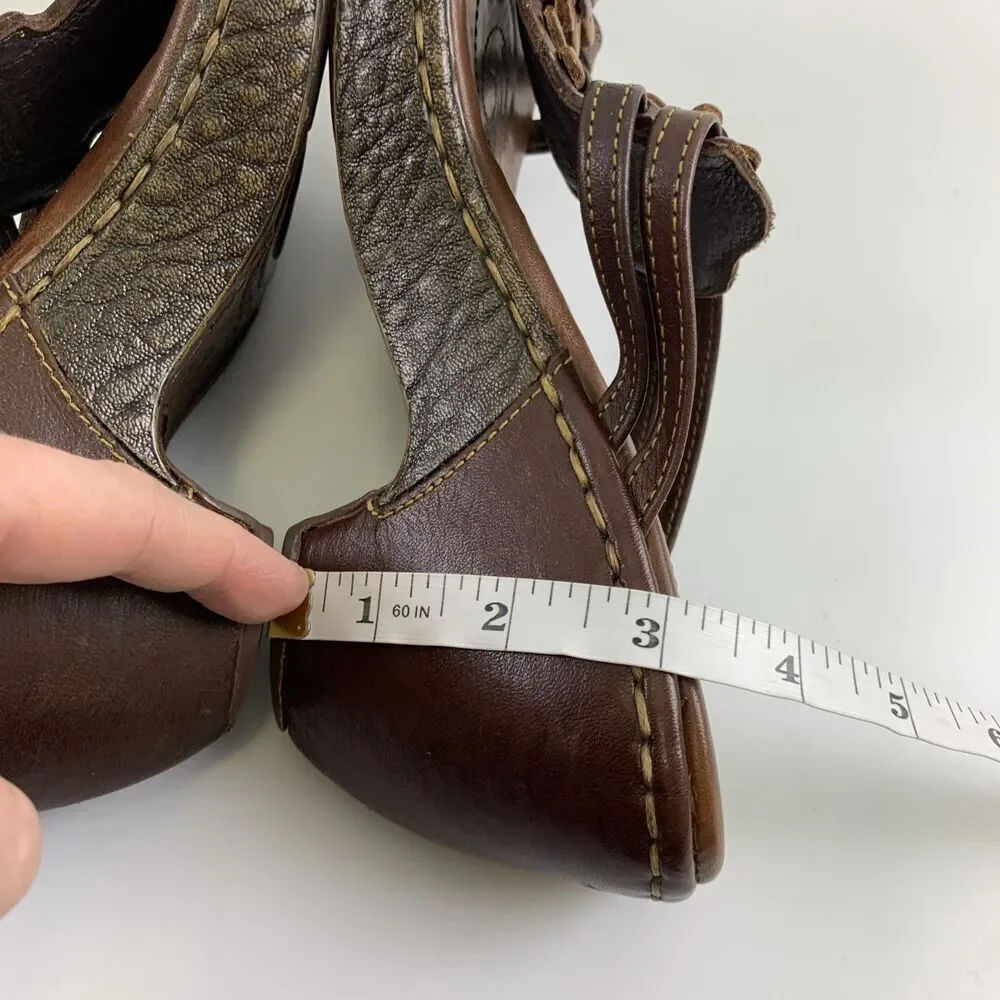 Born Brown Leather Floral Cut Out Slide Wedge Sandal Studded Heel Womens 7